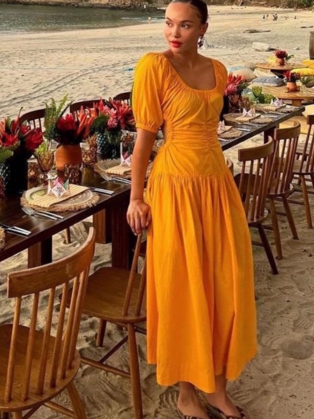 Free People Golden Puff-Sleeve Midi Dress
